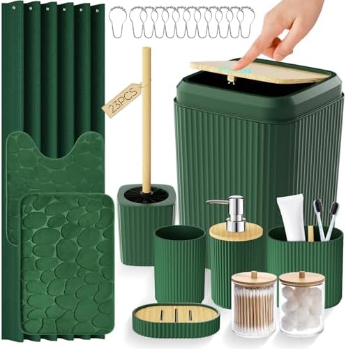 Green Bathroom Accessories Set - Bathroom Set with Shower Curtain and Rugs, Trash Can, Toilet Brush with Holder, Soap Dispenser, Toothbrush and Toothpaste Holder, Cup, Soap Dish, Qtip Holders, Hooks