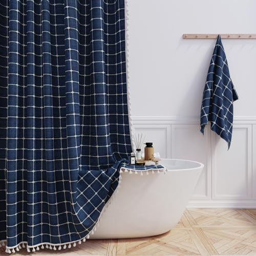 BTTN Extra Long Boho Farmhouse Linen Shower Curtain Set, 72x96, Navy Blue