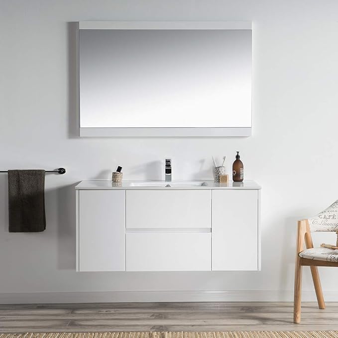 Blossom 48 Inch Bathroom Vanity with Sink, Wall Mounted All-Wood Floating Bathroom Vanity Cabinet with Ceramic Sink, Vanities for Bathroom, 2 Doors & Soft-Closing U-Shaped Drawers, Glossy White
