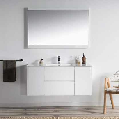 Blossom 48 Inch Bathroom Vanity with Sink, Wall Mounted All-Wood Floating Bathroom Vanity Cabinet with Ceramic Sink, Vanities for Bathroom, 2 Doors & Soft-Closing U-Shaped Drawers, Glossy White