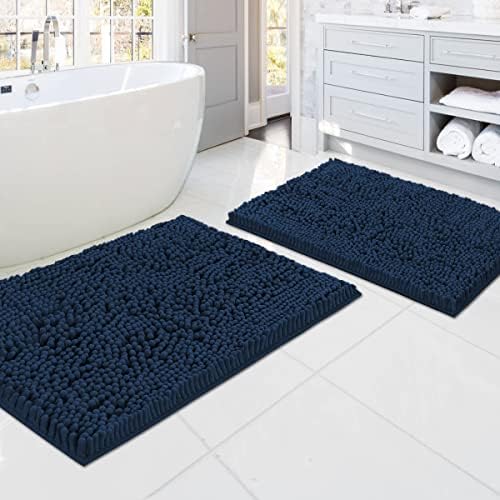 H.VERSAILTEX Bath Mats - Non Slip Luxury Chenille Bathroom Rugs, Extra Soft Absorbent Shaggy, Washable Fast Dry 2 Piece (Navy, 20" x 32"/17" x 24")