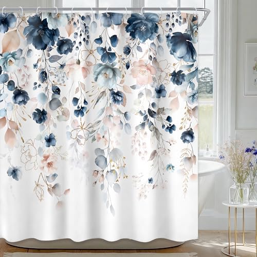 Blue Pink Floral Watercolor Wildflower Rustic Bathroom Shower Curtain Set