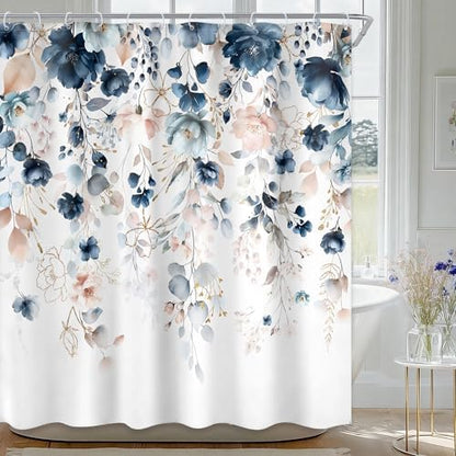 Blue Pink Floral Watercolor Wildflower Rustic Bathroom Shower Curtain Set