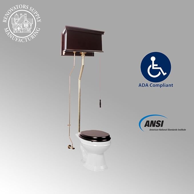 Renovators Supply Manufacturing High Tank Pull Chain Toilet With Dark Oak Wooden Flat High Tank 70 In. To 74 In. Adjustable Height Brass L Pipe And Elongated Toilet Bowl