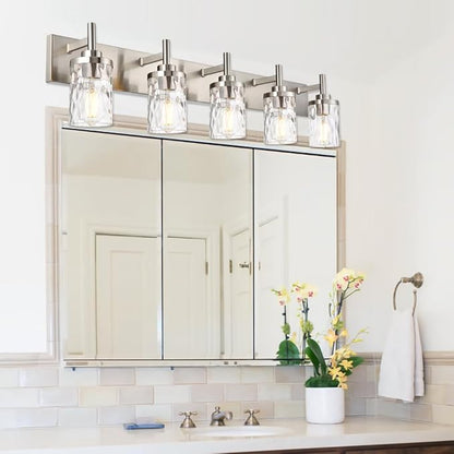 Bathroom Vanity Lighting Fixtures 5 Lights,Brushed Nickel Bathroom Vanity Lights with Clear Hammered Shade Wall Sconce Lighting Modern Farmhouse Bath Lighting