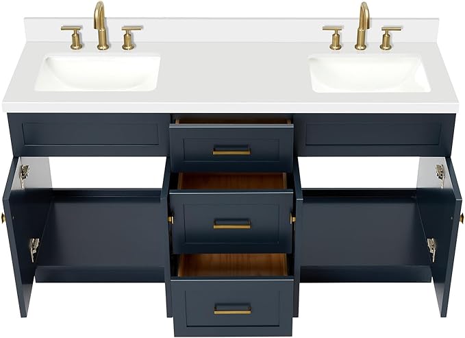 ARIEL Hamlet 66-inch Bathroom Vanity with Sink,Solid Wood, 1.5-inch Pure White Quartz Countertop, Double Rectangular Porcelain Sink, 4 Soft Closing Doors, 3 Dovetail Drawers, Midnight Blue