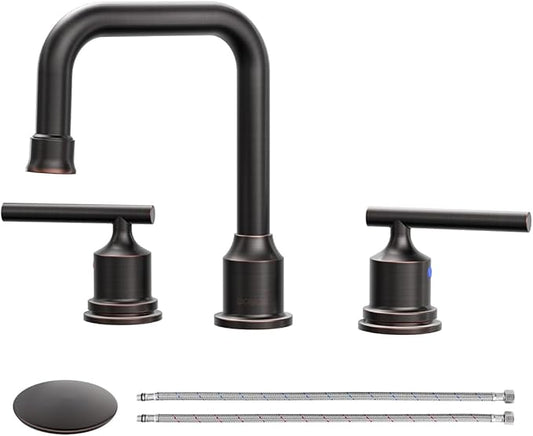 WOWOW Oil Rubbed Bronze Bathroom Faucet Widespread Bathroom Sink Faucet 3 Holes Vanity Faucet 2 Handle Basin Tap with Drain and Suplly Lines Retro