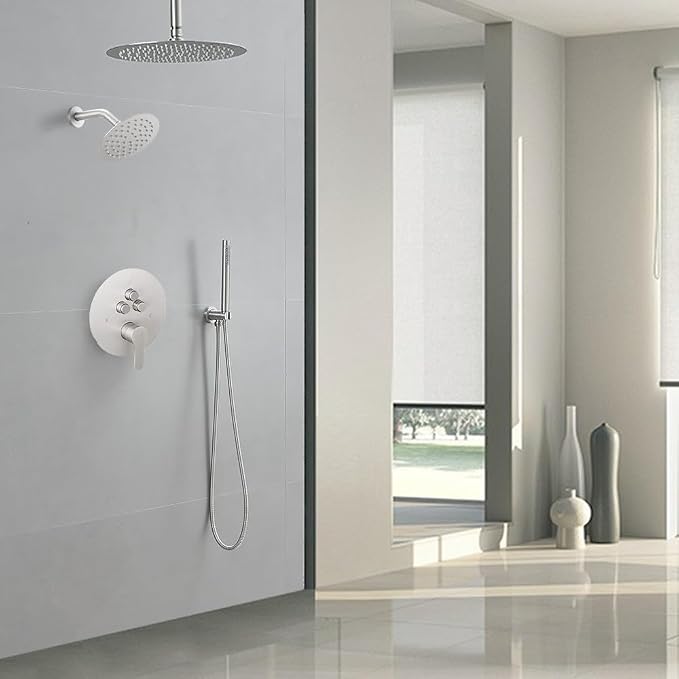 Shower Faucet Set Brushed Nickel 12 Inch Round Ceiling Mount Rainfall Shower System with 2 Rain Shower Head and Handheld Head Push Button Diverter Shower Trim Kit and Rough-in Valve Body