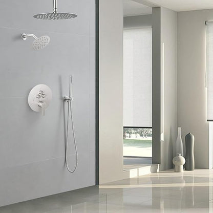 Shower Faucet Set Brushed Nickel 12 Inch Round Ceiling Mount Rainfall Shower System with 2 Rain Shower Head and Handheld Head Push Button Diverter Shower Trim Kit and Rough-in Valve Body
