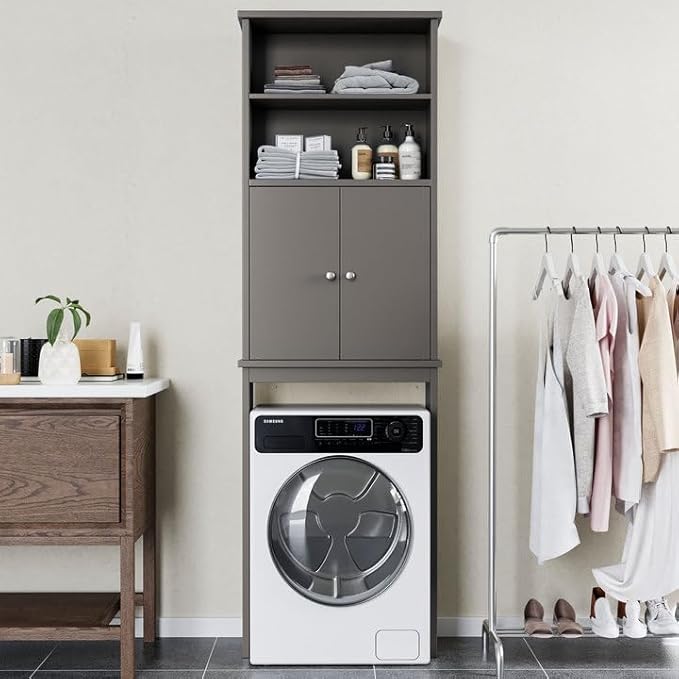 Shintenchi Over The Toilet Storage Cabinet, Bathroom Above The Toilet Rack, Bathroom Adjustable Shelf Organizer with Open Bottom Bar and Anti-Tip Device, Gray