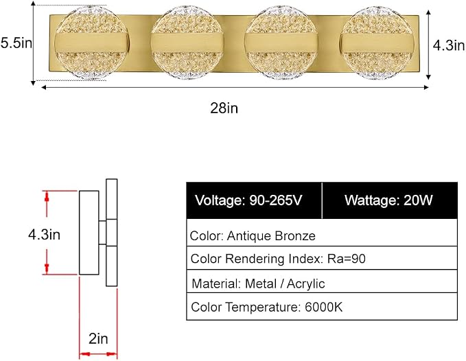 Luxury Brushed Gold Bathroom Vanity Light with High CRI 90+ LED for True Colors, 20W 6000K Cool White Modern Bathroom Lights Fixture Over Mirror for Makeup & Shaving