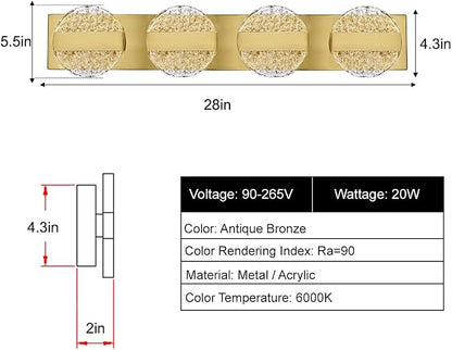 Luxury Brushed Gold Bathroom Vanity Light with High CRI 90+ LED for True Colors, 20W 6000K Cool White Modern Bathroom Lights Fixture Over Mirror for Makeup & Shaving