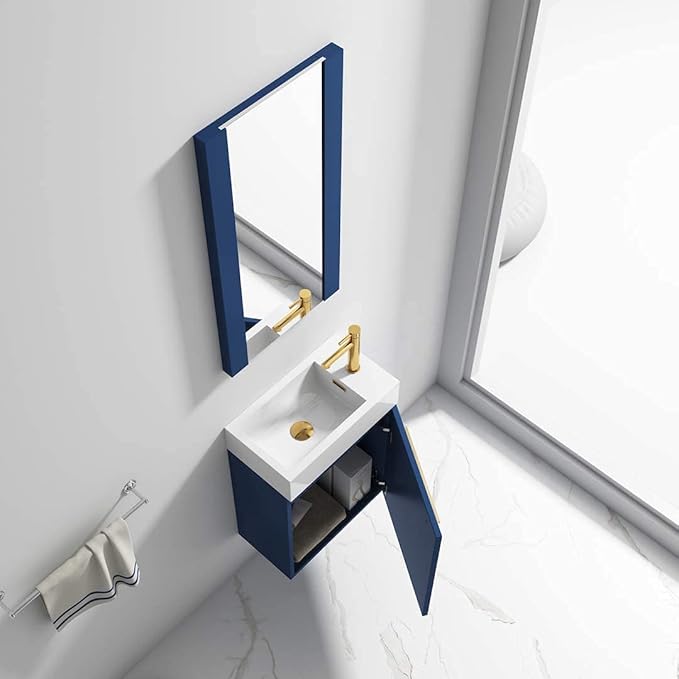 Blossom 18-Inch Floating Bathroom Vanity with Acrylic Sink and Mirror, All-Wood Construction, Space-Saving Wall Mounted Vanity for Compact Bathrooms, Modern Design Bathroom Sink Cabinet, Navy Blue