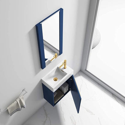 Blossom 18-Inch Floating Bathroom Vanity with Acrylic Sink and Mirror, All-Wood Construction, Space-Saving Wall Mounted Vanity for Compact Bathrooms, Modern Design Bathroom Sink Cabinet, Navy Blue