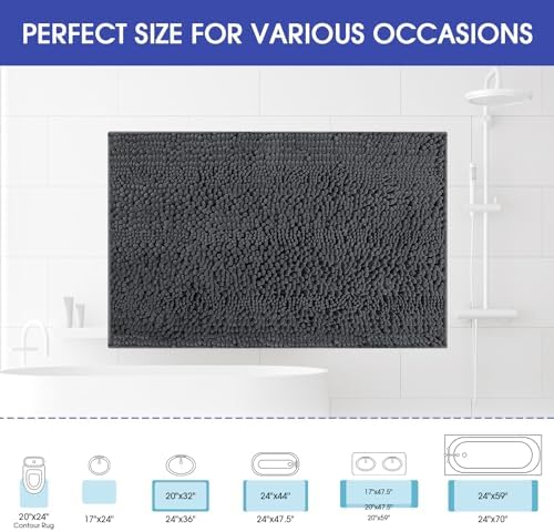ACCUMTEK Striped Grey Bathroom Rug Mat 48"x17" Ultra Soft, Non Slip Chenille Bath Rugs, Absorbent Plush Shaggy Bath Mats for Bathroom, Bedroom, Kitchen, Shower, Tub,Dark Gray, Charcoal