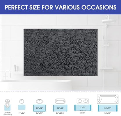 ACCUMTEK Striped Grey Bathroom Rug Mat 48"x17" Ultra Soft, Non Slip Chenille Bath Rugs, Absorbent Plush Shaggy Bath Mats for Bathroom, Bedroom, Kitchen, Shower, Tub,Dark Gray, Charcoal