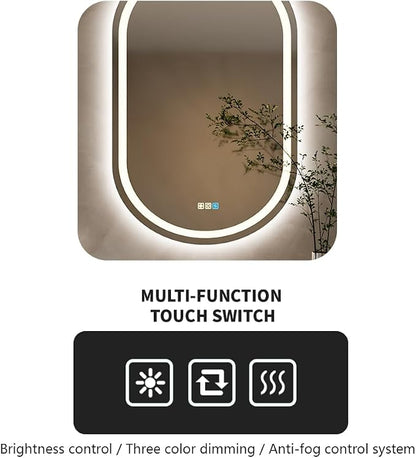 20X28 inches LED Mirror, Oval,Smart Bathroom Mirror with Light, Anti-Fog, 3 Colour Dimmable, Front and Backlit, CRI90+, Touch Button,Horizontal/Vertical