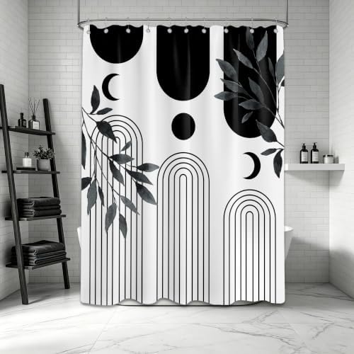 Mid Century Modern White and Black Shower Curtain Bohemian MCM Black and White Shower Curtains for Mens Bathroom Decor, Boho Minimalist Pattern, Waterproof Cloth Fabric with Hooks 60x72 in