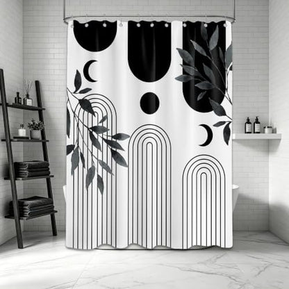 Mid Century Modern White and Black Shower Curtain Bohemian MCM Black and White Shower Curtains for Mens Bathroom Decor, Boho Minimalist Pattern, Waterproof Cloth Fabric with Hooks 60x72 in