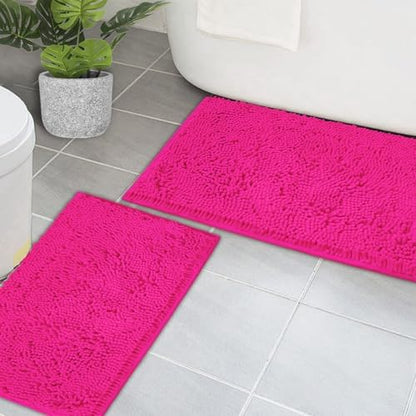 Bathroom Rugs Chenille Bath mat 2 Piece Set, Super Absorbent, PVC Non Slip Backing, Bath mats for Bathroom, Plush Shaggy, Thick, Machine Washable, Bathtub, Shower, Toilet.(Hot Pink)