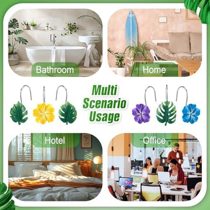 Thyle 12 Pcs Hawaiian Tropical Leaf Hibiscus Flower Shower Curtain Hooks, Colorful Resin Ornament Rings Summer Shower Curtain Hooks Decorative Rings for Home Holiday Bathroom Restroom Accessories