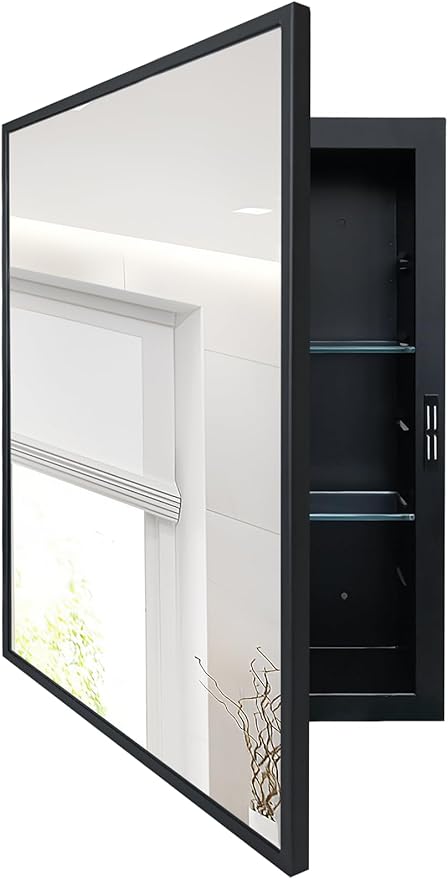 Recessed Medicine Cabinets with Mirror, Black Bathroom Mirror with Storage, Rectangle Medicine Cabinet Vanity Mirrors, Farmhouse Metal Framed Wall Mirror Recessed or Surface Mount, 18x24 Inch