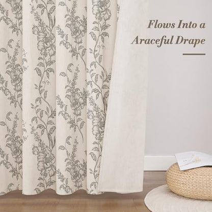 Grey Linen Farmhouse Shower Curtain, Boho Floral Bathroom 72x72