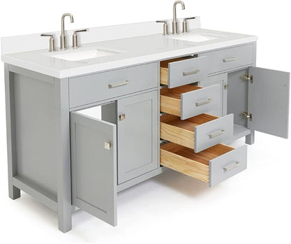 DKB Alenza 72 Inch Bathroom Vanity Double Sink — Grey Bathroom Vanity with Sink, 1.5" Edge Pure White Quartz Countertop & Backsplash, 4 Soft-Close Doors, 4 Dovetail Drawers