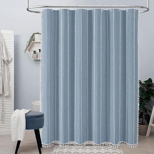 BTTN 60x72 Boho Farmhouse Linen Heavy Duty Cloth Shower Curtain Set, Blue