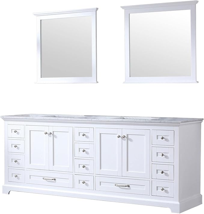 Dukes 84 in. W x 22 in. D White Double Bath Vanity, Carrara Marble Top, and 34 in. Mirrors LD342284DADSM34