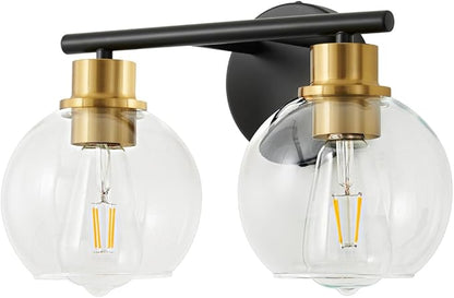 2-Light Bathroom Light Fixtures Black and Gold Vanity Light 13.8 inch Bathroom Lights Over Mirror with Clear Glass Globe Shade, Vanity Lights for Bathroom Kitchen Living Room