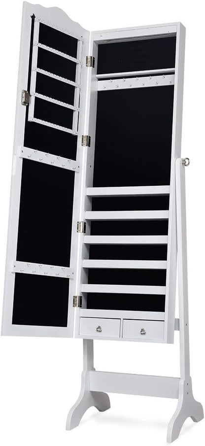 Giantex Jewelry Armoire Organizer with Full Length Mirror, 14 LEDs Floor Standing Jewelry Cabinet with 2 Drawers, 4 Adjustable Angles, Lockable Jewelry Storage Box Cabinet (White)