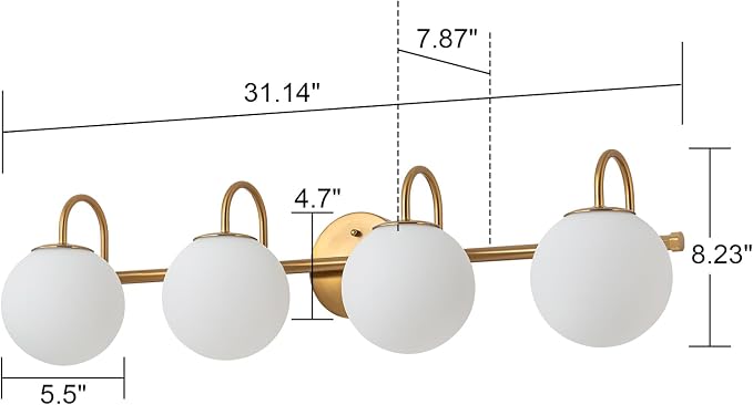 Gold Bathroom Vanity Light, 31" Modern Dimmable 4-Light Bathroom Light Fixture Over Mirror, Globe Vanity Light with Frosted Glass Shade Globe Wall Sconce
