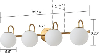 Gold Bathroom Vanity Light, 31" Modern Dimmable 4-Light Bathroom Light Fixture Over Mirror, Globe Vanity Light with Frosted Glass Shade Globe Wall Sconce