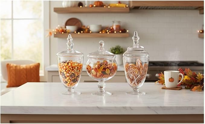 Elements Clear Glass Apothecary Jar Set of 3 with Lids - Decorative Glass Jars for Bathroom, Kitchen, Pantry Storage - Handcrafted, Graduated Heights 10, 9.5, 8.5 In