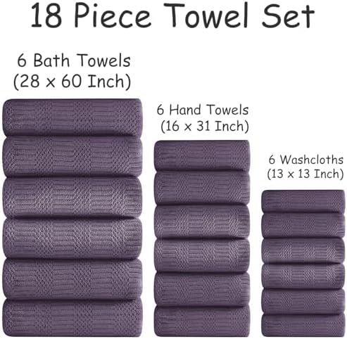 18 Pcs Purple Woven Family Towels Set-6 Bath Sheets,6 Hand Towels,6 Washcloths Soft Polyester Towels Absorbent Shower Towel Quick Dry Beach Chair Towel Lint Less Towels Set for Bathroom Spa Gym Hotel
