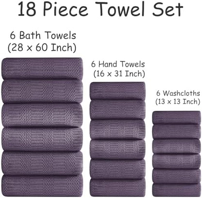 18 Pcs Purple Woven Family Towels Set-6 Bath Sheets,6 Hand Towels,6 Washcloths Soft Polyester Towels Absorbent Shower Towel Quick Dry Beach Chair Towel Lint Less Towels Set for Bathroom Spa Gym Hotel