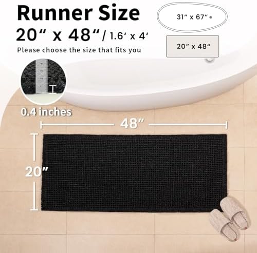 Black Bathroom Rug, Waffle Bath Mat Non Slip Washable, 20" x 48"