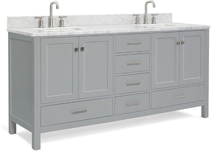 ARIEL Cambridge 72-inch Bathroom Vanity with Sink,Solid Wood, 0.75-inch Italian Carrara Marble Countertop, Double Rectangular Porcelain Sink, 4 Soft Closing Doors, 6 Dovetail Drawers, Grey