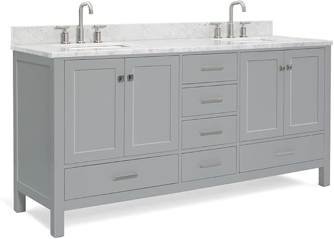 ARIEL Cambridge 72-inch Bathroom Vanity with Sink,Solid Wood, 0.75-inch Italian Carrara Marble Countertop, Double Rectangular Porcelain Sink, 4 Soft Closing Doors, 6 Dovetail Drawers, Grey