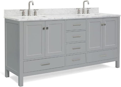 ARIEL Cambridge 72-inch Bathroom Vanity with Sink,Solid Wood, 0.75-inch Italian Carrara Marble Countertop, Double Rectangular Porcelain Sink, 4 Soft Closing Doors, 6 Dovetail Drawers, Grey