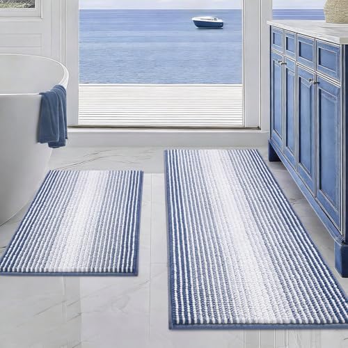 BSICPRO Bathroom Rugs Sets 2 Piece, Non Slip Striped Bath Mats, Denim Blue