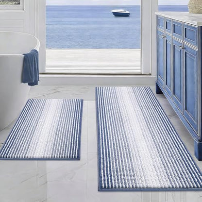 BSICPRO Bathroom Rugs Sets 2 Piece, Non Slip Striped Bath Mats, Denim Blue