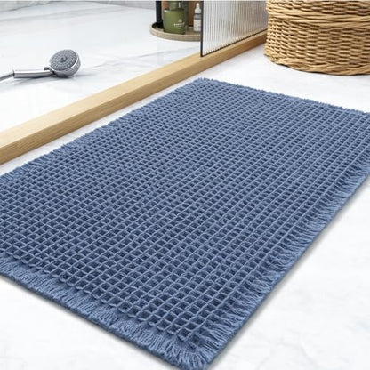 Waffle Bath Mat Rug, Super Absorbent Non Slip Bath Mats for Bathroom Mat Ultra Soft Bathmat Machine Washable Bathroom Rugs with Tassels, Bath Rugs for Bathroom Floor Beside Tub, 18" x 30", Blue