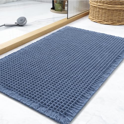 tchdio Waffle Bath Mat, Super Absorbent Non Slip Bath Mats for Bathroom Mat Ultra Soft Bathmat Machine Washable Bathroom Rugs with Tassels, Blue, 20" x 32"