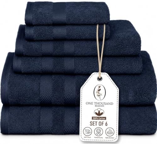 Premium Staple Cotton Bathroom Towel Set - Navy 600 GSM 6-Piece Luxury Bath Towel Set 3 Stripe - 2 Bath Towels, 2 Hand Towels & 2 Washclothes Set - High Absorbent & Quick Dry for Gym, Spa, Hotel