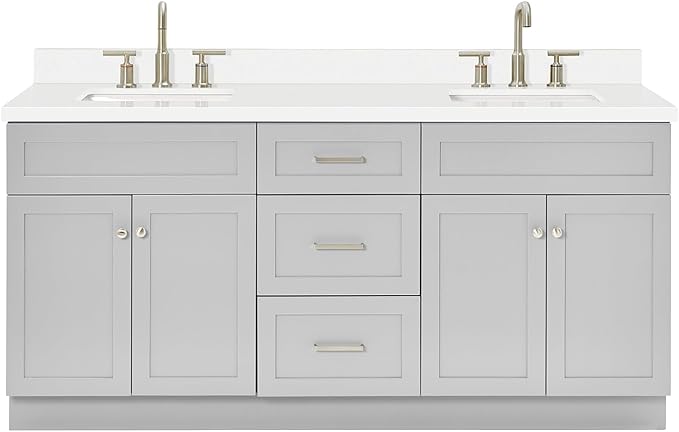 ARIEL Hamlet 72-inch Bathroom Vanity with Sink,Solid Wood, 1.5-inch Pure White Quartz Countertop & Backsplash, Double Rectangular Porcelain Sink, 4 Soft Closing Doors, 3 Dovetail Drawers, Grey