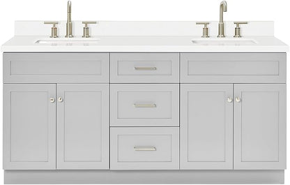 ARIEL Hamlet 72-inch Bathroom Vanity with Sink,Solid Wood, 1.5-inch Pure White Quartz Countertop & Backsplash, Double Rectangular Porcelain Sink, 4 Soft Closing Doors, 3 Dovetail Drawers, Grey