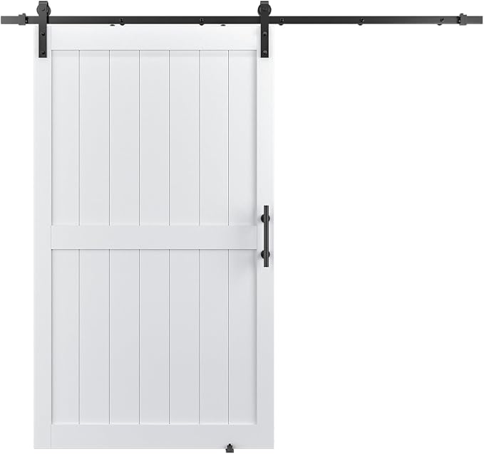 48in x 80in MDF Sliding Barn Door with 8ft Barn Door Hardware Kit & Handle | White Solid Barn Door Slab Covered with Water-Proof PVC Surface, Pre-Drilled Holes Easy Assembly, H-Frame