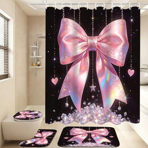 AZHM 4pcs Diamond Bow Bathroom Shower Curtain Set with Rugs and Accessories